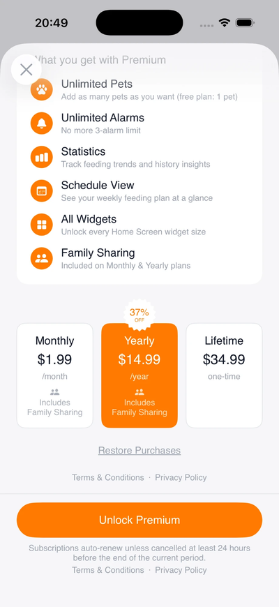 FeedMe Premium screen listing plan features and pricing options